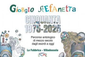 due mezzi volti a colori racchiudono i dati della mostra