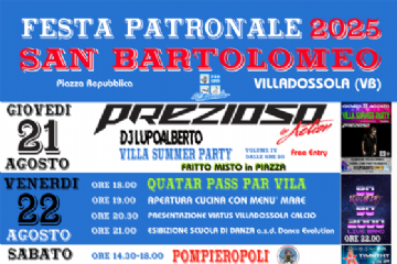 programma della festa con eventi e orari e immagini di Prezioso, Ticozzi e Shary