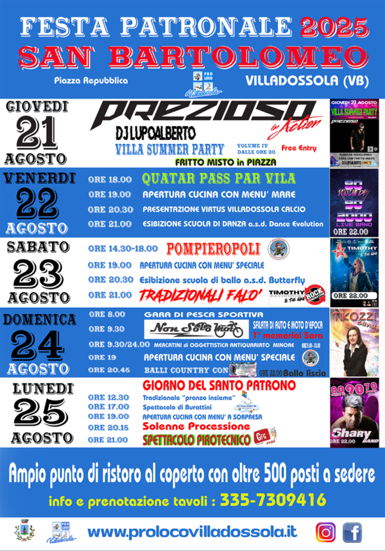 programma della festa con eventi e orari e immagini di Prezioso, Ticozzi e Shary