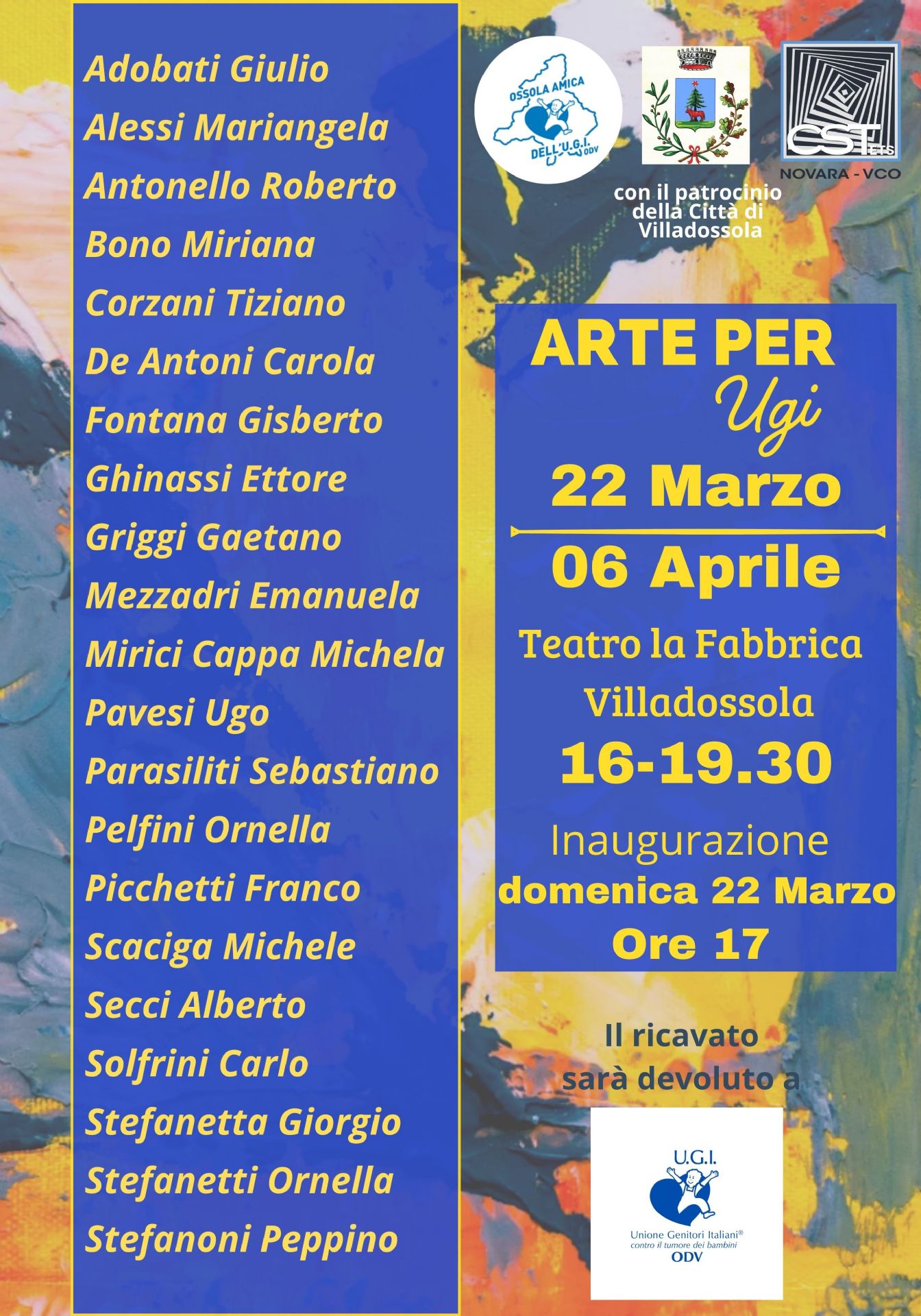 Elenco artisti con informazioni sulla mostra su sfondo blu