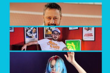 Tre fotografie rappresentanti due uomini e una donna su sfondo azzurro