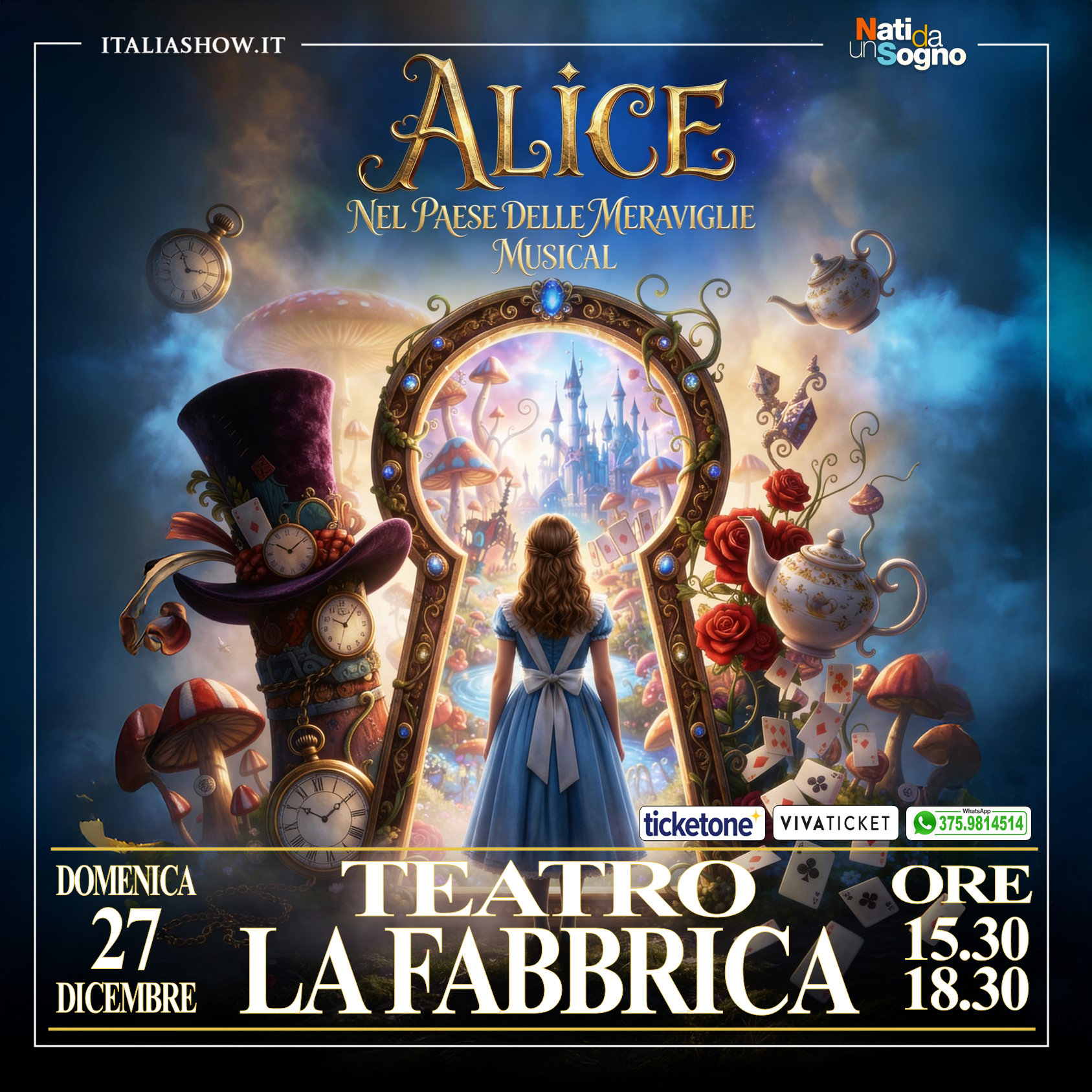 Alice sulla porta a forma di buco della serratura si affaccia sul mondo incantato del paese delle meraviglie